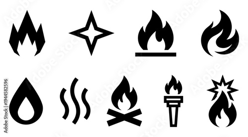A collection of black fire icons on a white background, including flame symbols, burning signs, and blazing elements, perfect for use in firefighting, burning, and blazing contexts.