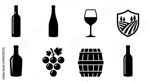 A set of black and white wine icons including wine bottles, a wine glass, grapes, a barrel, and a vineyard shield, perfect for design and branding projects related to wine industry.