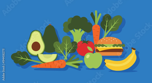 Healthy and delicious assortment of fresh fruits, vegetables, and a hamburger illustration on a blue background