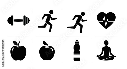 Healthy lifestyle icons representing fitness, nutrition, and wellness, including weights, running figures, an apple, a water bottle, and a person meditating