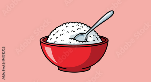 Vibrantly illustrated red bowl overflowing with fluffy white rice and a gleaming silver spoon, embodying healthy eating and culinary simplicity on a soft background, perfect for food-related projects