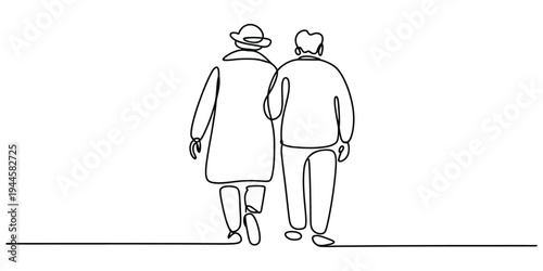 Continuous Line Art Illustration of Elderly Couple Walking Together