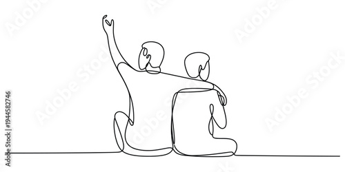 Continuous One Line Drawing of Two Friends Sitting Together Back View