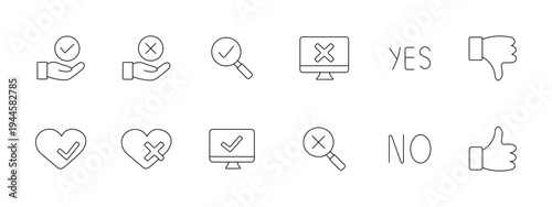 Approval decision confirmation set icon. Hand check cross search monitor yes thumb heart no like dislike depict validation selection review result