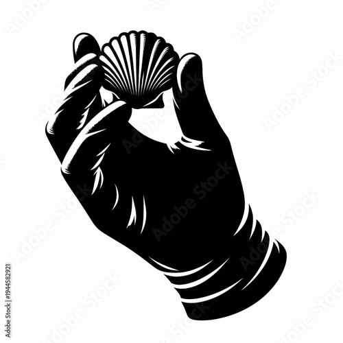 Black glove holding seashell in minimalist monochrome