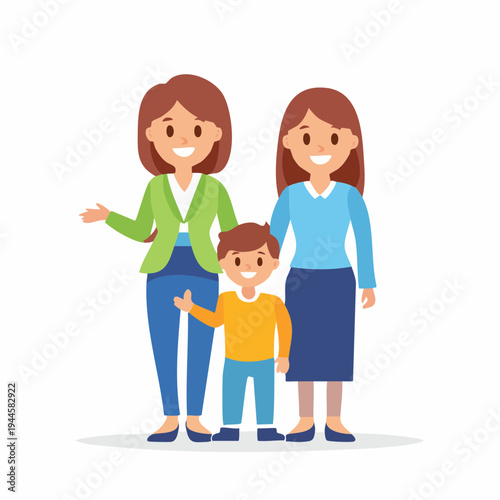 Happy family with two mothers and a son smiling together in a cartoon style