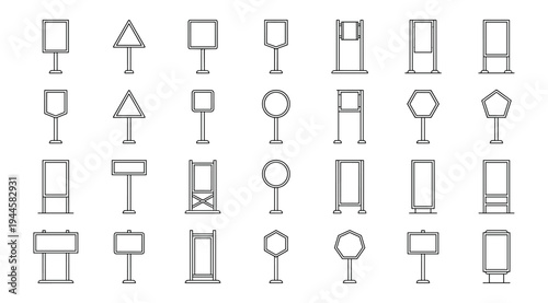 A collection of black and white line drawings of various road sign icons on a plain white background, useful for design and informational purposes.
