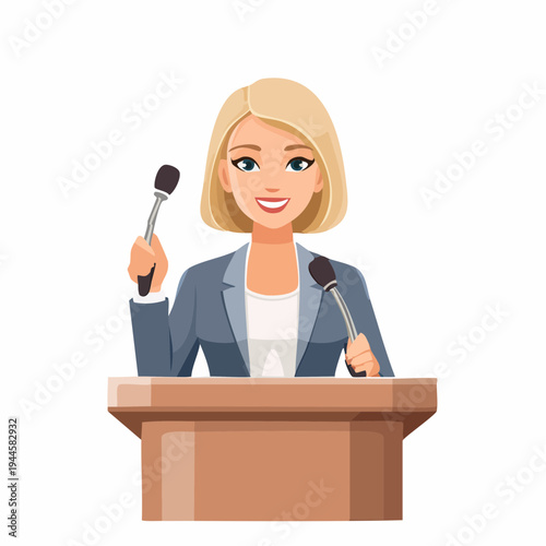 Confident businesswoman speaking from podium holding microphones and smiling. Public speaking event or presentation