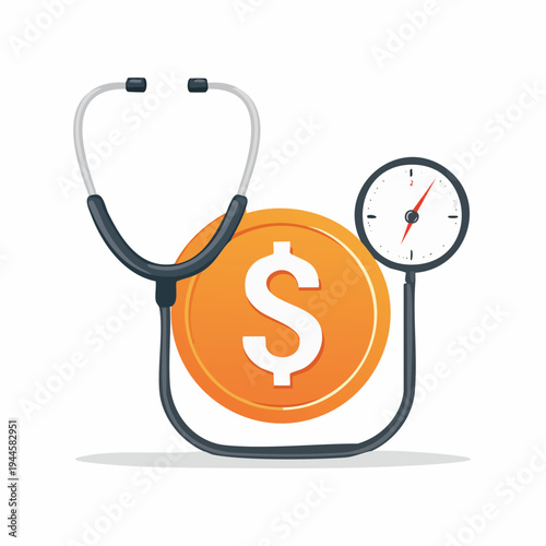 Conceptual illustration of financial health with money coin, stethoscope, and gauge