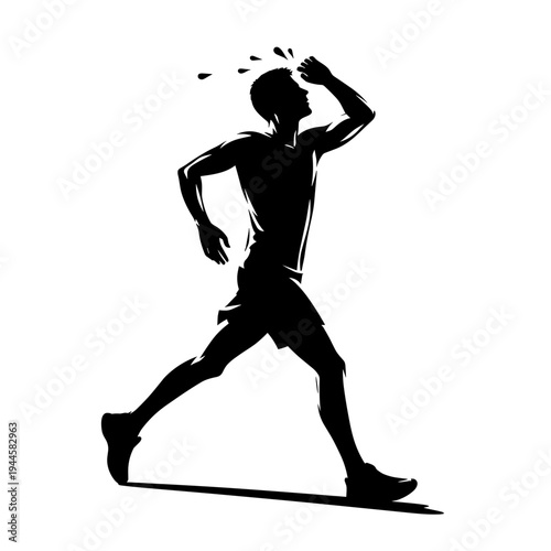 Man running, sweating, athletic, silhouette, plain background