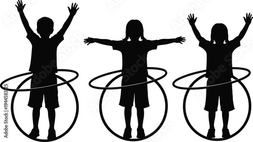 Silhouette of three children playing with hula hoops, arms raised and extended in different postures, capturing fun physical activity and joyful childhood movement