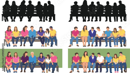 Diverse group of people sitting on park benches in flat design, solid silhouette vector, and casual colorful style illustration