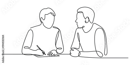Minimalist One Line Drawing of Two Men in a Business Meeting