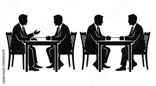 A group of businessmen in suits sitting at tables in a meeting, engaged in discussion, depicted in black silhouettes against a white background, conveying professionalism and teamwork.