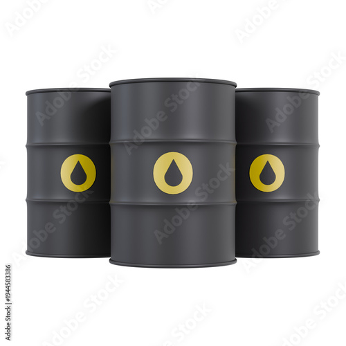 Oil barrels container set 3D render showing three black metal petroleum drums with yellow oil drop symbols, front view aligned and centered in frame, isolated on transparent background, ideal for fuel