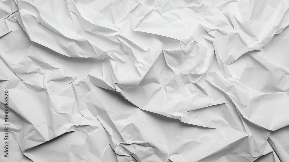 Fototapeta premium Detailed shot of white crumpled paper, showing deep wrinkles, sharp creases, and varying levels of transparency,