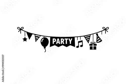 Vector party banner with 'PARTY' text, star, balloon, music note, gift, party hat. Ideal for celebrations, birthdays, invitations, events, digital designs, printables. Black and white, minimalist, fes