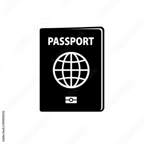 Black and white biometric passport icon, international travel, global identification, secure digital documentation. Essential for immigration, border control, worldwide journeys, global mobility, offi