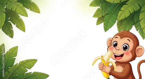White background wall, border made of banana leaves around the edges, on the right a funny cartoon monkey enjoying a banana.