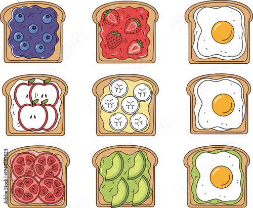 Breakfast toast set with blueberry jam strawberry jam fried egg apple banana tomato avocado toppings colorful food illustration collection