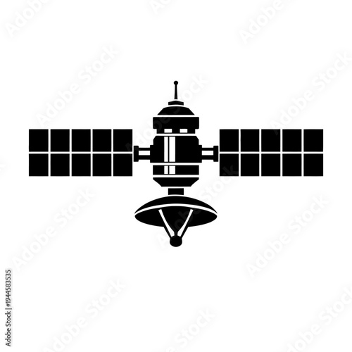 Vector illustration of a black and white communication satellite, showcasing extensive solar panels and an antenna dish, representing global connectivity, advanced space technology, and orbital teleco