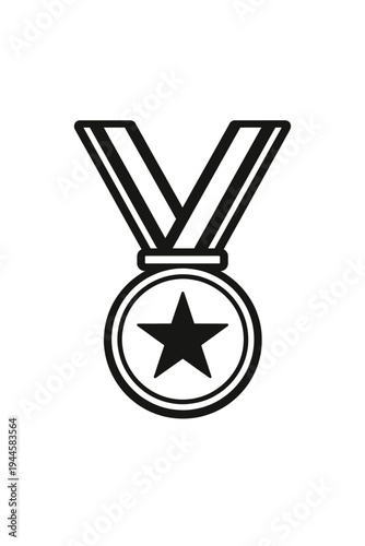 Black and white vector icon of a medal with a star, symbolizing achievement, victory, and award. Perfect for recognizing excellence, first place, championship, and top performance in sports, academics