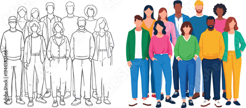Diverse group of people standing together, casual characters vector illustration, line art and flat color style, isolated on white background