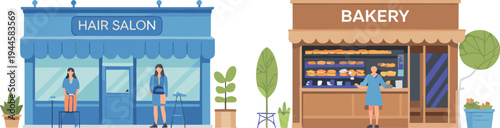 Webhair salon and bakery storefront illustration, small local business shops exterior, beauty salon service and bakery store street scene