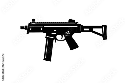 Modern compact submachine gun (SMG) or pistol-caliber carbine (PCC) black vector silhouette, highlighting tactical design with an extended magazine, integrated rail system, ergonomic pistol grip, and