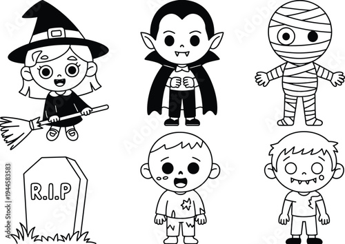 WebHalloween kids monster character set featuring witch vampire mummy zombie and gravestone in black and white line art for coloring