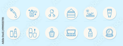 Skincare cosmetics set icon. Blue outline badges, dropper pipette, cream jar, molecule nodes, cream pot, sun lotion, tube, lipstick, mascara, perfume bottle, compact mirror, eyeshadow palette.