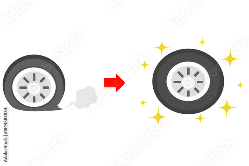パンクタイヤと新品タイヤの比較イラスト｜交換・安全運転・カー メンテナンス概念