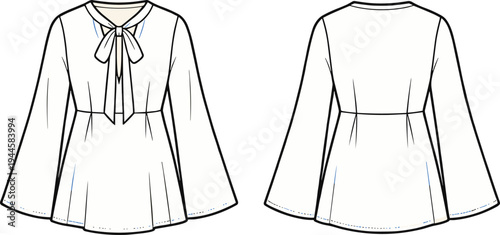 Women blouse fashion technical drawing with bow tie neckline and long bell sleeves, front and back view garment outline template for sewing and apparel design