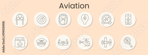 Aviation set icon. Pilot helmet, radar, airplane window, location pin, flight badge, mobile boarding pass, ticket, captain cap, control panel, helicopter, aircraft, search, air travel.