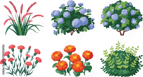 Colorful flowers and green plants arranged in a grid pattern with vibrant petals and lush foliage