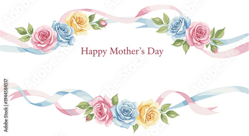 Happy Mother's Day greeting with pastel roses and flowing ribbons, elegant floral design