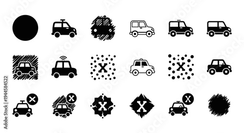 Collection of car icons with various styles and symbols, including X marks and Wi-Fi signals