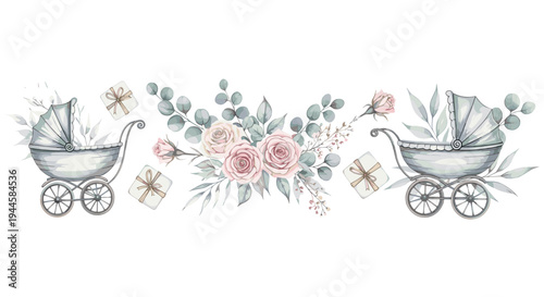 Vintage baby carriage with roses and gifts, perfect for baby shower invitations