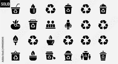 Collection of black solid icons representing recycling, waste management, and environmental concepts