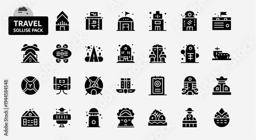 Collection of travel and landmark icons in a modern, minimalist style for digital use