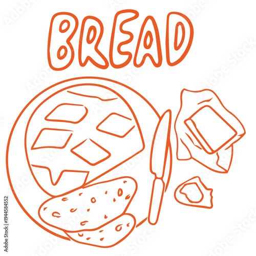 Bread breakfast hand drawn doodle with loaf slices butter and knife bakery illustration
