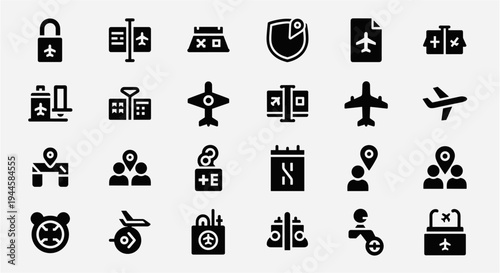 Collection of airport and travel icons, including airplanes, security, and navigation symbols