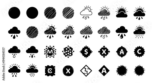Collection of weather icons and abstract symbols in black and white