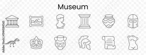 Museum set icon. Outline cultural artifacts, classical building, framed painting, bust sculpture, column, ceramic vase, knight helmet, dinosaur skeleton, crown, amphora, spartan helmet, scroll, torso