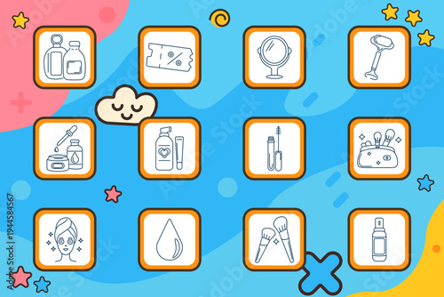 Beauty skincare set icon. Cosmetic bottles, ticket coupon, mirror, razor, dropper jar, lotion pump, mascara, cosmetic bag, face mask, serum drop, brushes, spray bottle.