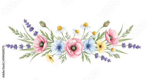 Watercolor floral arrangement with poppies, lavender, daisies, and wildflowers