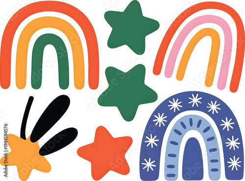 Bohemian style rainbow motifs and assorted stars are arranged together for a cheerful and decorative graphic asset.