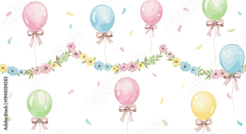 Festive balloons and floral decorations in pastel colors for celebrations