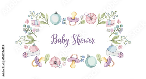 Baby Shower invitation with floral border and baby items in soft pastel colors