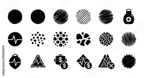 Collection of black abstract icons and symbols on a white background